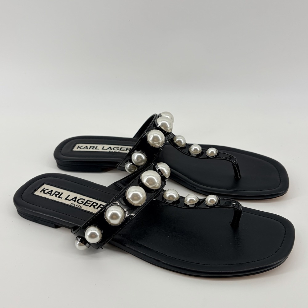 Karl Lagerfeld Black Pearl Embellished Patent T Sandal Thong Shoe Size 8.5